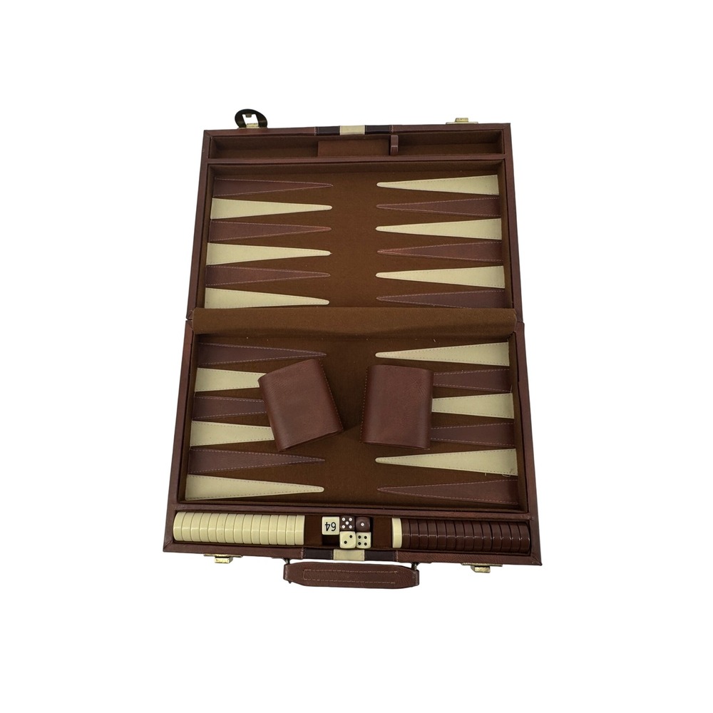 Vintage Backgammon Set Brown Faux Leather Briefcase Racing Stripe Complete